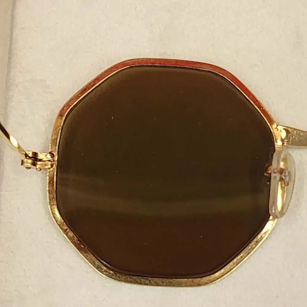 Vintage Octagon Gold Metal Frame Sunglasses with Red Trim and Brown Lenses